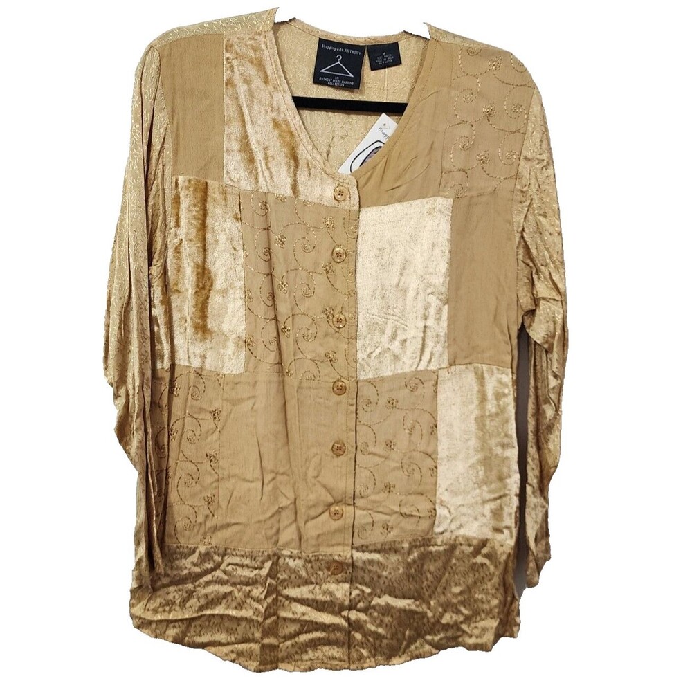 Shopping with Anthony Patchwork Button Up Blouse Tunic NWT Gold Vintage 90s MED